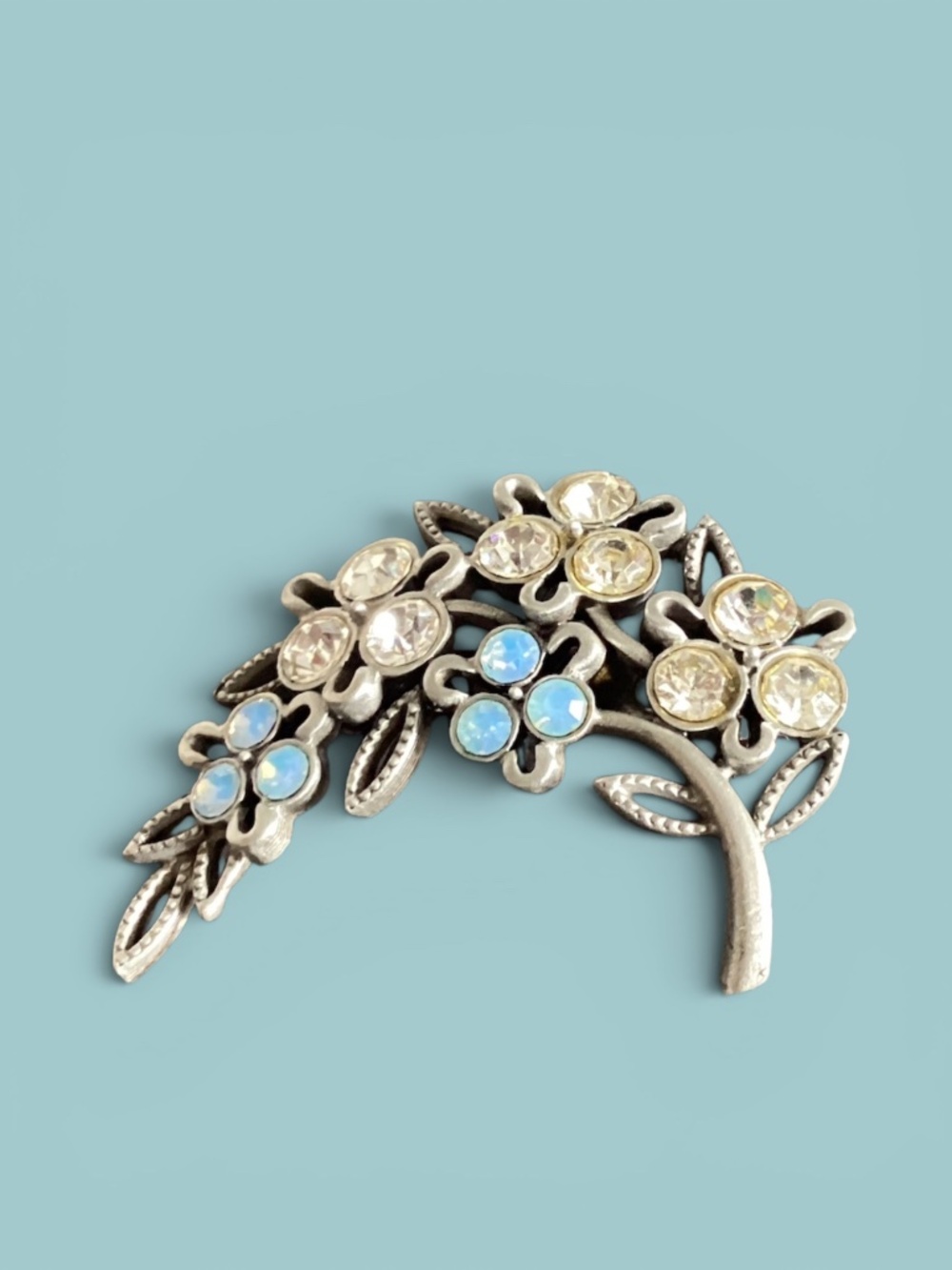 Vintage Silver-tone Blue and Clear Rhinestones